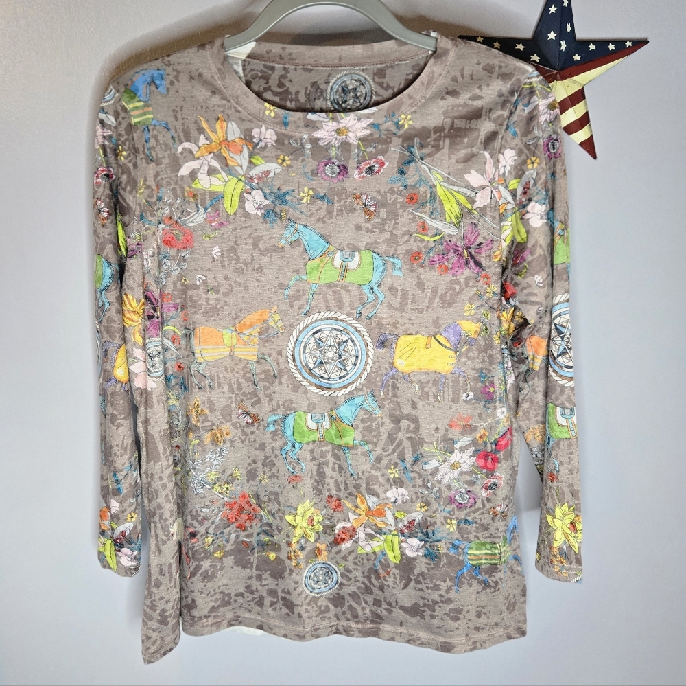 Med AODANLI Horses & Floral 3/4 Sleeve Top Womens Kentucky Derby Western Boho